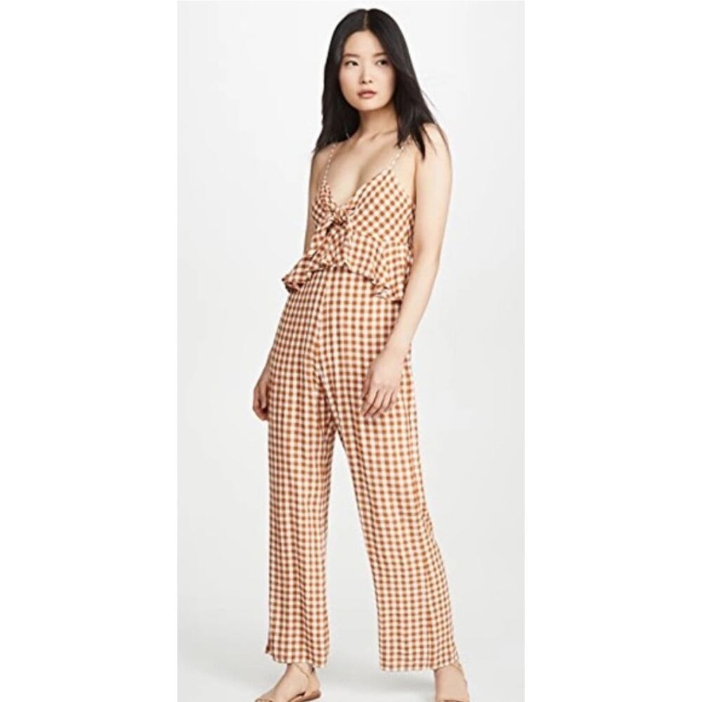 Saylor Laken Burnt Orange and White Gingham Zip Tie Front L Jumpsuit MSRP $253